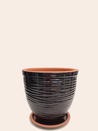 Siyah Çizgili Sırlı Saksı No 2 Ø20cm